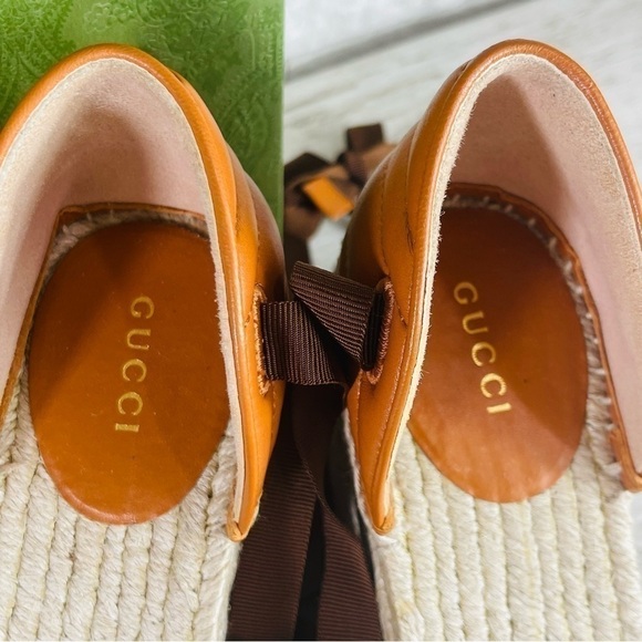 GUCCI SZ 40 Nappa Matelasse GG Marmont Ankle Wrap Espadrille Wedge Cognac - Picture 12 of 14